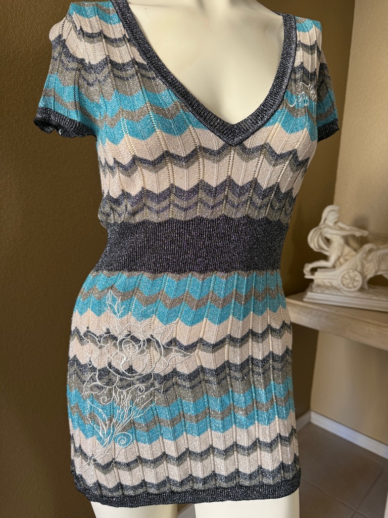 Ed Hardy Teal, Cream & Gray Chevron V-Neck Mini Dress